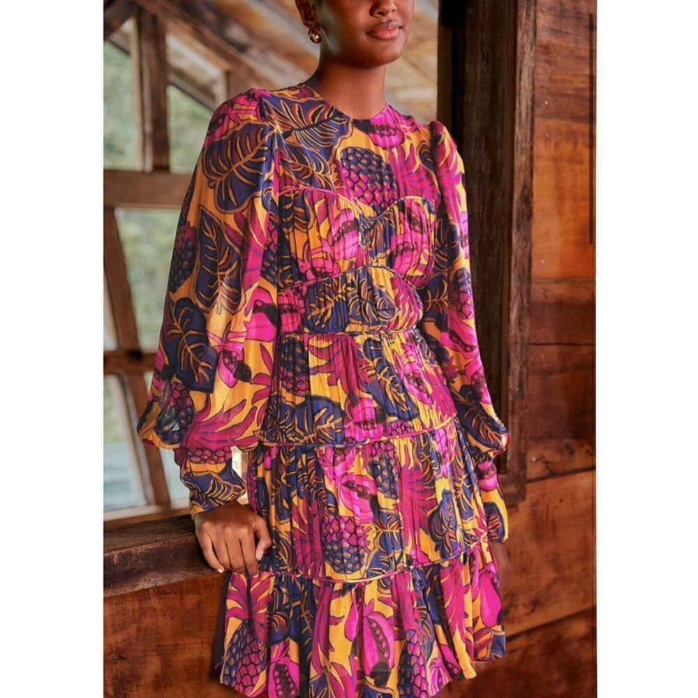 FARM RIO Yellow Fruit Dream Long Sleeve Mini Dress NWT
